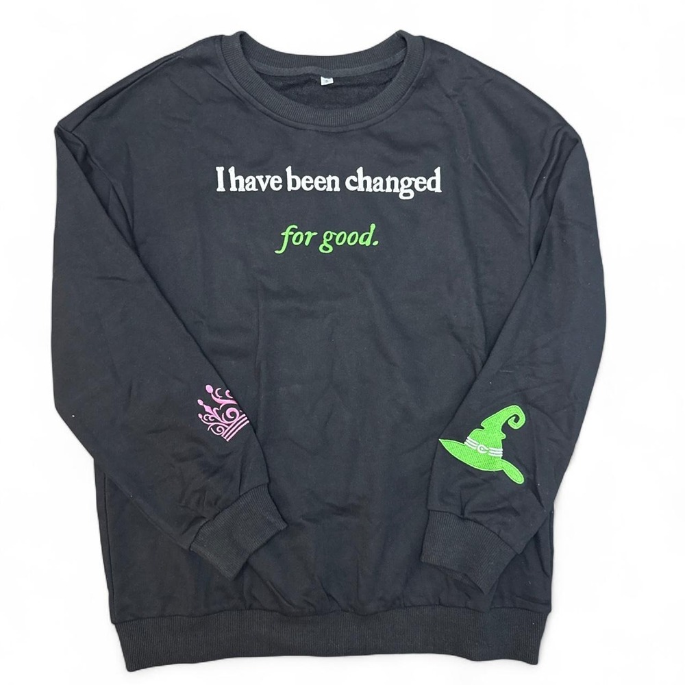 Wicked Black Embroidered Graphic Crewneck Sweatshirt with Graphic Sleeve Details